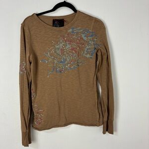 Miss‎ Me Y2K Women Brown Long Sleeve Top Embellished Graphic Western Glam Size L